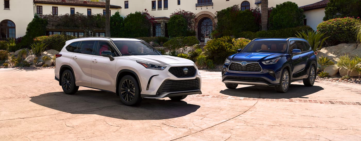 A white and a blue 2024 Toyota Highlander XSE Hybrid Platinum are shown parked beside each other.